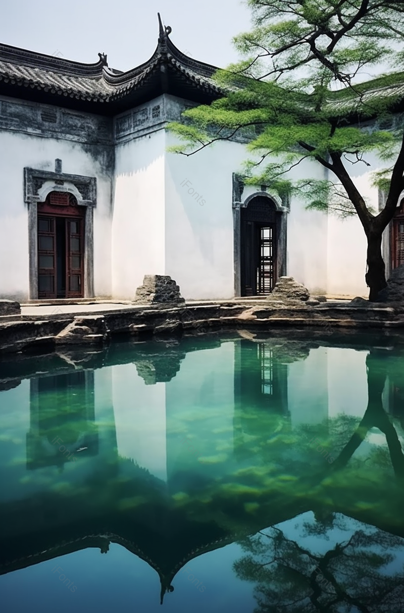 中国传统建筑房屋院子平静的水池绿色的湖水清澈见底图像摄影,高清,摄影图,摄影图片,图片大全,摄影图免费下载